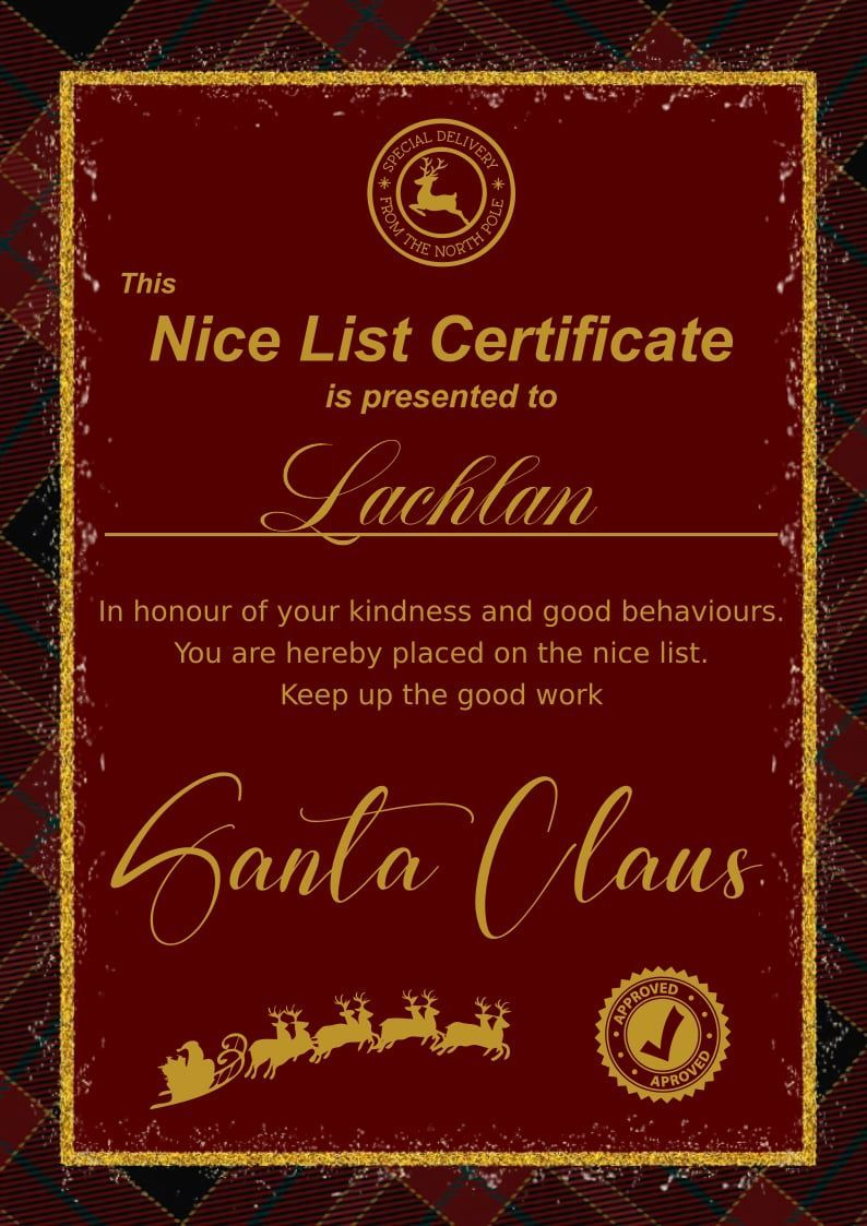A4 Personalised Nice List Certificate