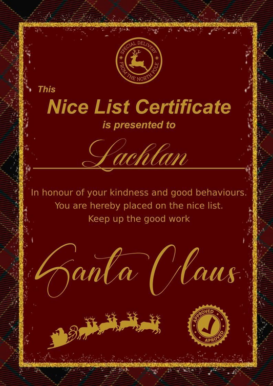 A4 Personalised Nice List Certificate